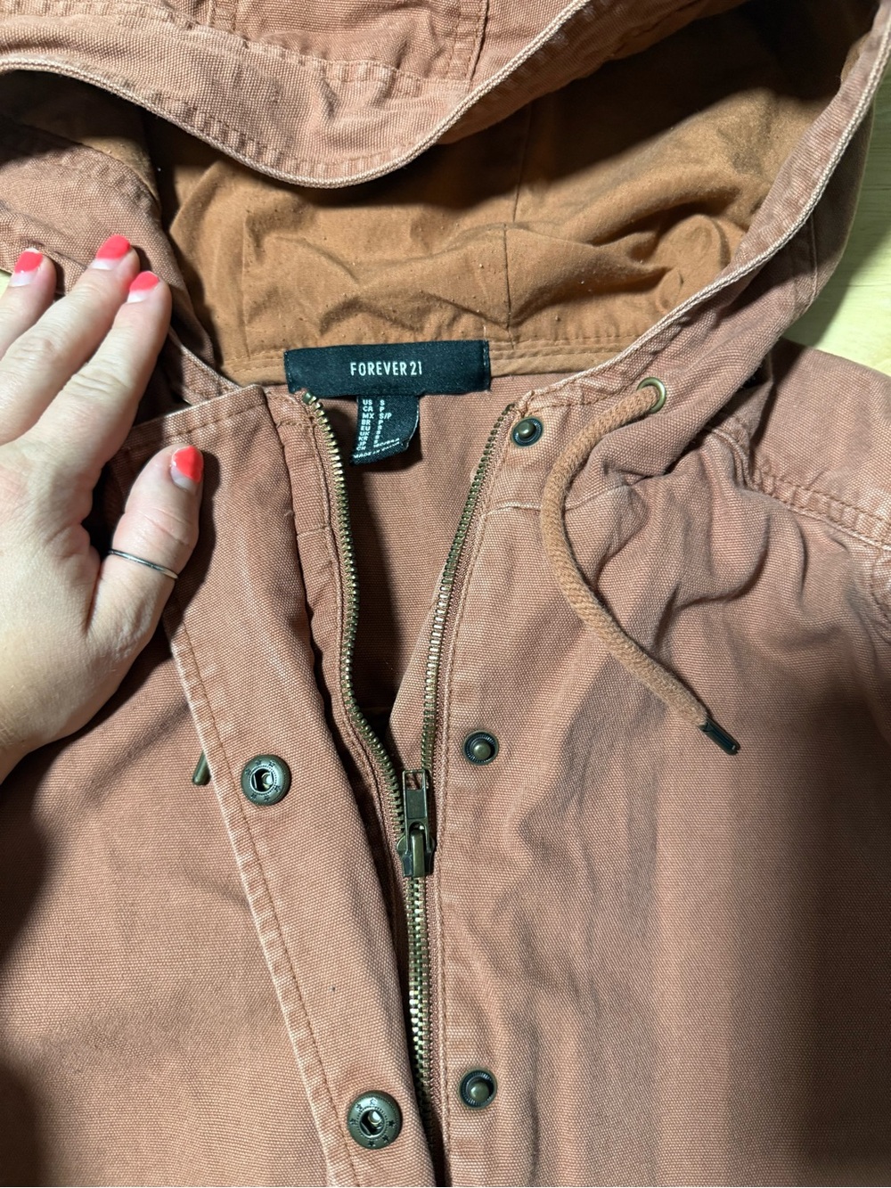 Forever 21 Women’s Burnt Orange Brown Utility Jacket Hooded Size Small - Picture 6 of 6